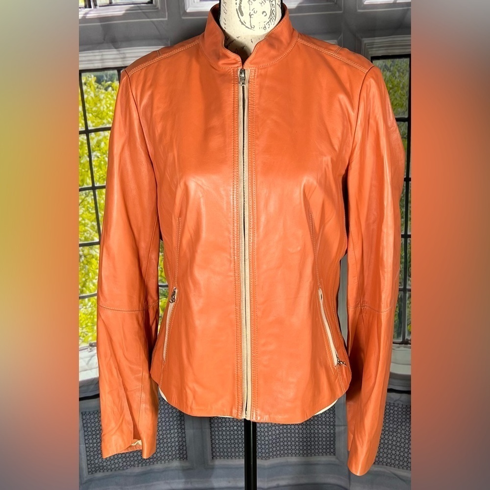 Elie Tahari Soft Leather Jacket Orange Tangerine Moto Short Contrast Stitch